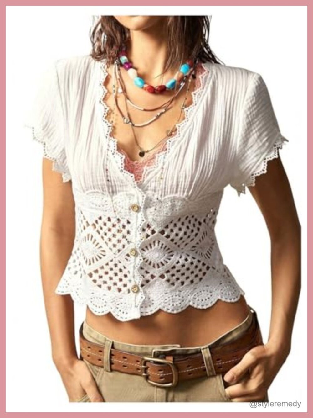SweatyRocks Boho Lace Blouse Hollow Out Button Front Short Sleeve Women's Top